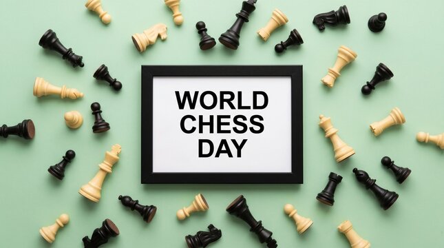 World Chess Day sign in black frame, scattered chess pieces on green background, flat lay strategy concept