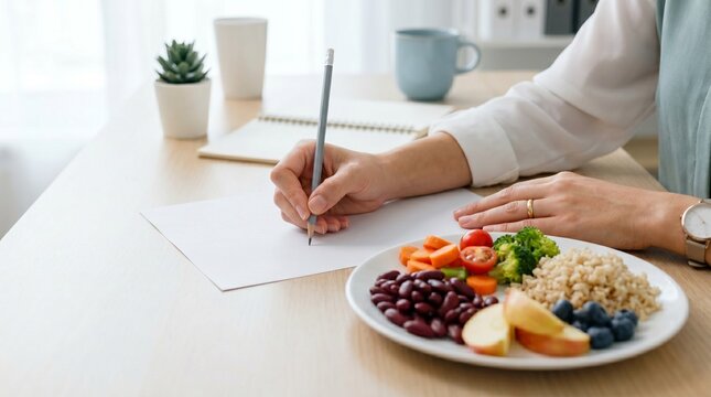 Meal planning for nutrition care, Malnutrition prevention desk, Healthy foods and blank paper, Dietitian guidance close up, Clean wellness concept