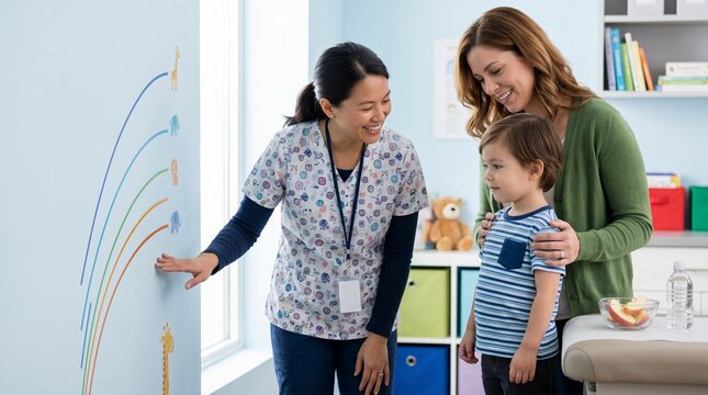 Child growth check in clinic, Malnutrition prevention monitoring, Caregiver and health worker, Healthy snack support, Pediatric public health scene