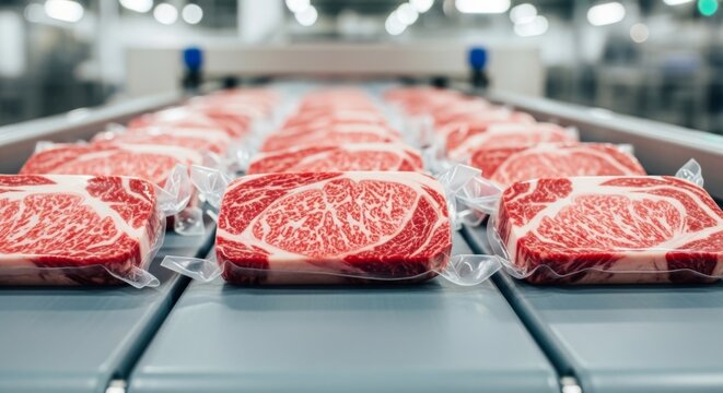 Premium wagyu beef steaks in vacuum packaging moving on a conveyor belt in a meat processing factory