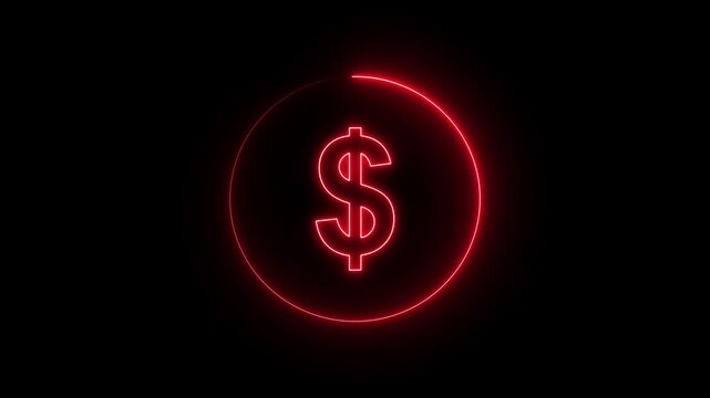 Red Neon Dollar Sign in Circle on Glowing Neon Dollar Sign Icon in Circular Frame .Dollar text icon glowing neon. motion graphic of circle and dollar text concept.