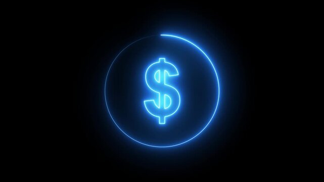 Blue Neon Dollar Sign in Circle on Glowing Neon Dollar Sign Icon in Circular Frame .Dollar text icon glowing neon. motion graphic of circle and dollar text concept.