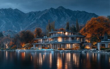 Fototapeta premium Modern house exterior by calm lake with mountain backdrop twilight evening