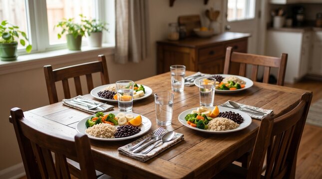 Balanced family meal table, Malnutrition prevention at home, Rice vegetables beans and fruit, Healthy food access concept, Warm lifestyle background