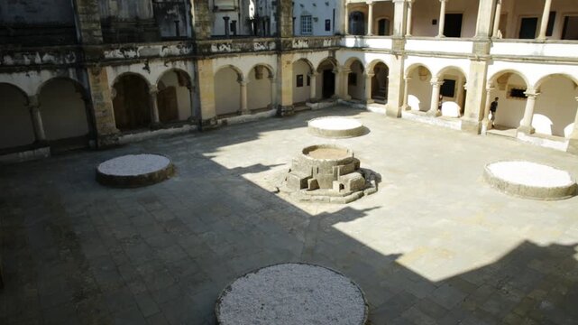 Tomar, Portugal - August 10, 2017: Prospective view of Claustro from Micha or Claustro da Micha, in northern part of Convent of Christ in Templar Castle. Unesco Heritage and popular in Europe.