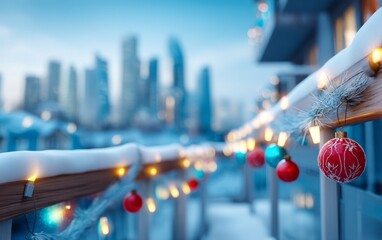 Naklejka premium Festive Balcony Scene with Christmas Lighting and City Backdrop