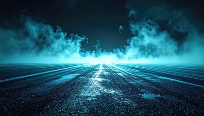 Naklejka premium Mysterious Glowing Foggy Road at Night.