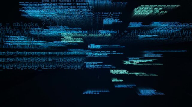 Flying Digital Computer Code Layers 3D Cyberspace Animation, Multiple layers of digital computer code and syntax flying