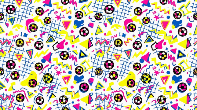 Vibrant Seamless Vector Pattern of Memphis Style Soccer Elements for Wrapping Paper