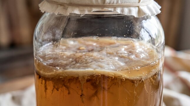 fermentation process, close-up of a jar filled with vibrant kombucha and a thick scoby layer