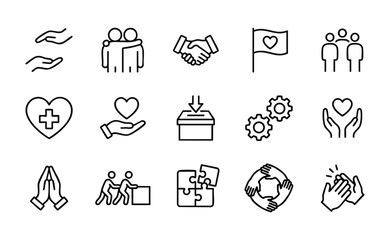 Fototapeta premium A set of black line icons depicting various charitable and community concepts on a white background