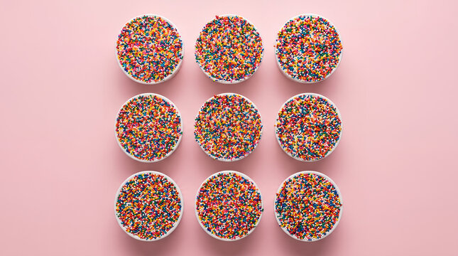 Geometric Flat Lay of Colorful Viral Dot Cakes on Pastel Background