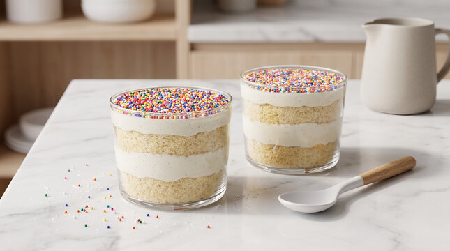 Modern Glass Cup Dot Cake with Rainbow Sprinkle Topping