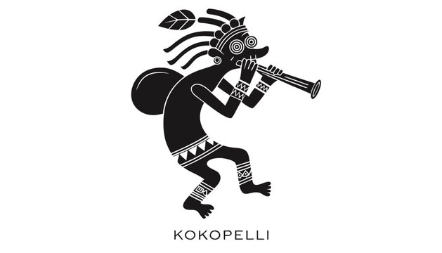 Very beautiful black-and-white engraved vector illustration featuring KOKOPELLI playing a flute with elegant traditional details and a cultural label reading "KOKOPELLI", rendered in refined monochrom