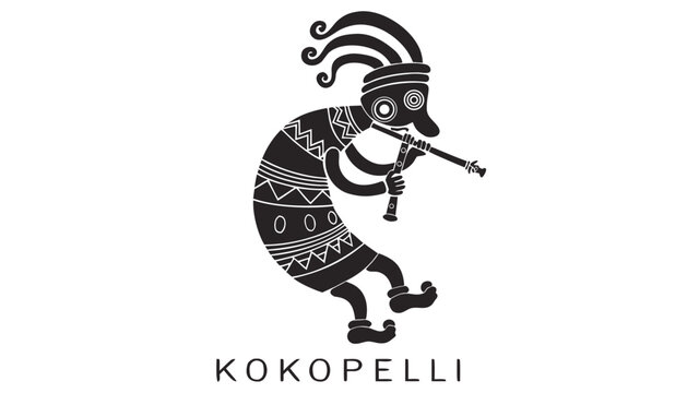 Very beautiful black-and-white engraved vector illustration featuring KOKOPELLI playing a flute with elegant traditional details and a cultural label reading "KOKOPELLI", rendered in refined monochrom