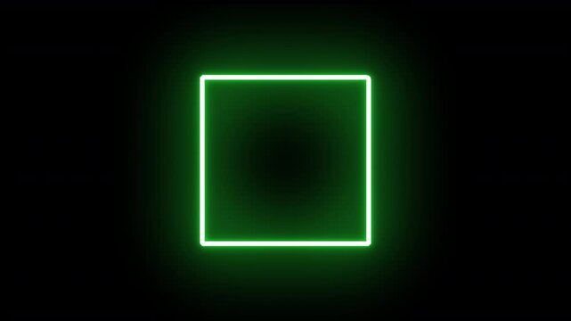 neon square box frame glowing green, light outline of a geometric square line shape frame 4K video animation with soft edge bright glow design element isolated  with an alpha transparent background 