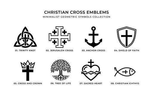 Christian cross emblems set, minimalist geometric religious symbols vector icons. Linear modern church branding logos collection: trinity knot, tree of life, jerusalem cross, anchor, sacred heart