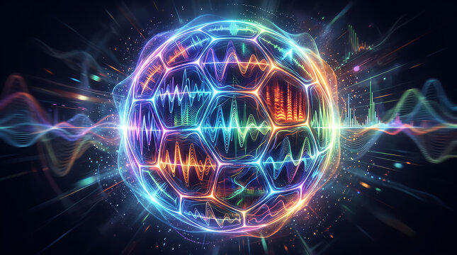 Synesthetic concept art illustration mapping multi colored glowing electronic light particles inside a floating
