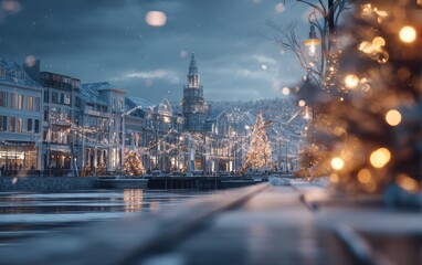 Naklejka premium Winter city street with festive lights and snow in evening atmosphere