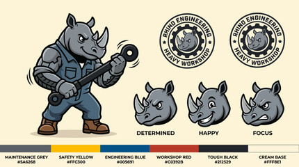 Cartoon rhino lifting weights with determination. © stock