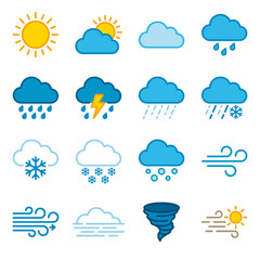 Obraz premium Collection of weather icons showing sun clouds rain snow wind storm and tornado