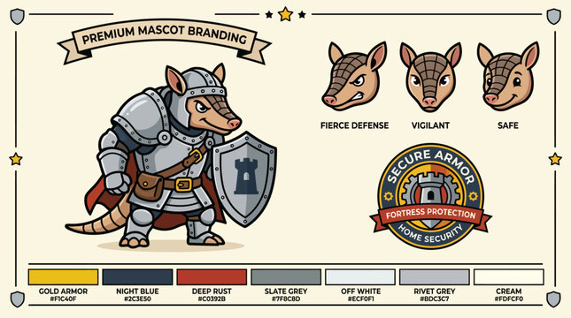Cartoon Mascot with Shield and Armor Design.