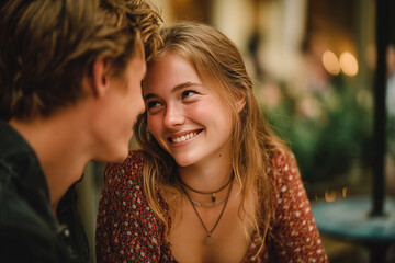 Fototapeta premium Young couple enjoying romantic moment in cozy cafe.