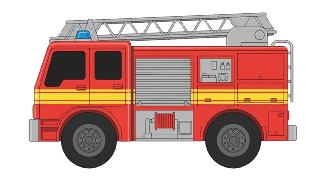 Cartoon Illustration of a Red Fire Truck with Ladder and Compartments.