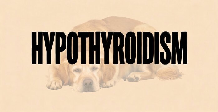 Hypothyroidism text overlay on a sad, lethargic dog, representing the impact of the condition on pets.