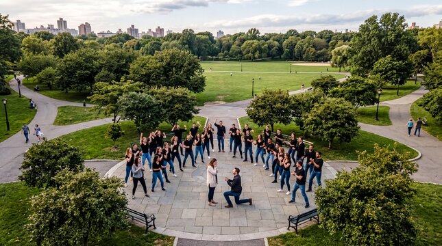 public proposal events, a lively park filled with people gathering for a surprise proposal flash mob