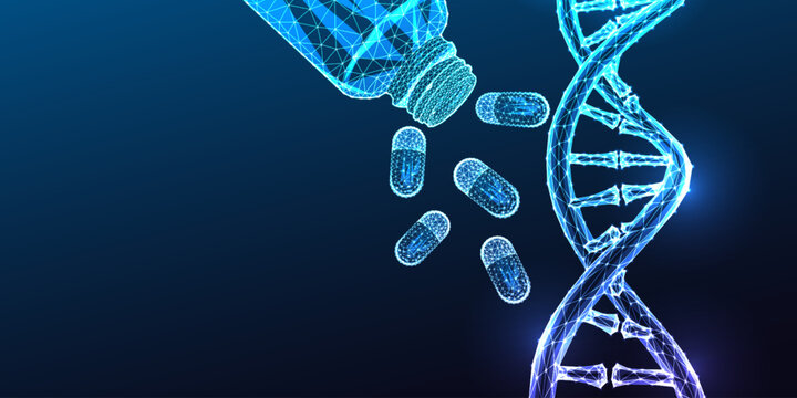 DNA Double Helix Pharmaceutical Capsules Pharmacogenomics Drug Development Blue Polygonal Vector