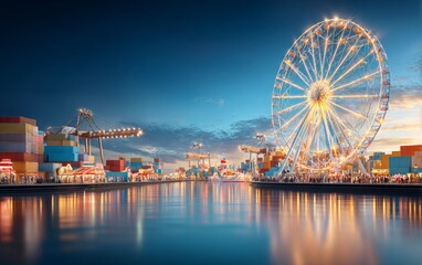 Obraz premium Illuminated ferris wheel and night carnival by waterfront with shipping containers