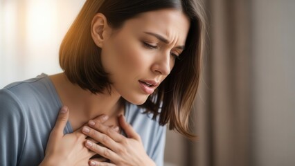 Fototapeta premium A distressed young woman clutches her chest with both hands, showing a worried expression, possibly indicating pain, anxiety, or breathing difficulties.