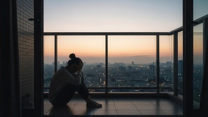 Fototapeta premium A person sitting alone on a balcony overlooking a city at sunset, appearing sad and contemplative.