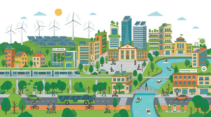 Naklejka premium Colorful urban landscape illustration featuring river, parks, buildings, and wind turbines with people and bicycles.