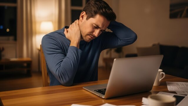 A man experiencing neck pain and stress while working on his laptop late at night at home.