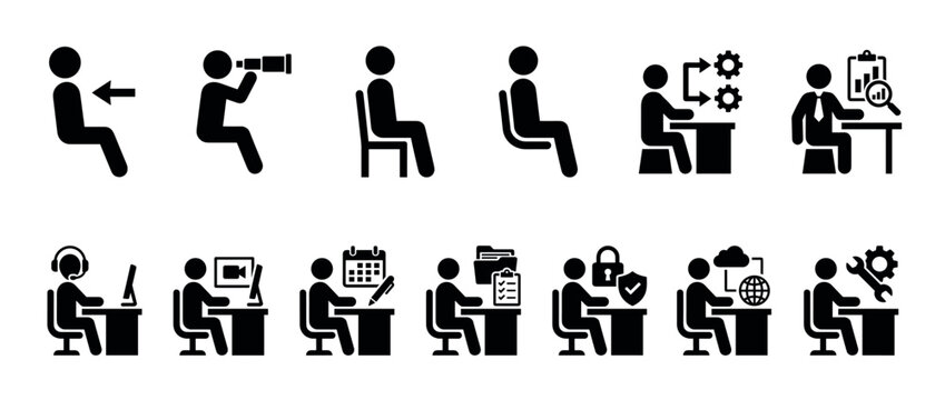 Black stick figure office worker icons collection depicting various business activities like computer work, data analysis, security, and technical support in a simple pictogram set