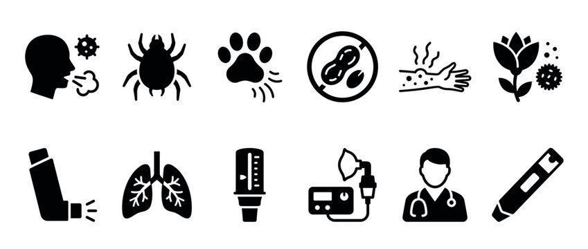 Black solid glyph icon set representing allergy and asthma concepts, including various allergens, respiratory and skin symptoms, and medical treatment devices like inhalers and nebulizers