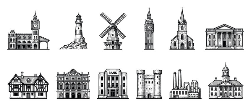 Set of vintage building illustrations in a black and white engraving style, featuring a church, castle, factory, bank, lighthouse, windmill, and clock tower for architectural concepts