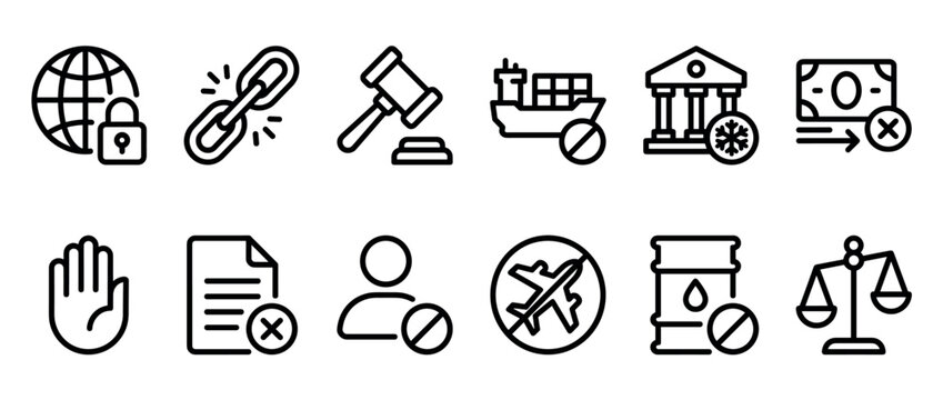 Set of black line icons representing economic sanctions, trade embargoes, legal restrictions, and financial prohibitions for business and political concepts in a minimalist style