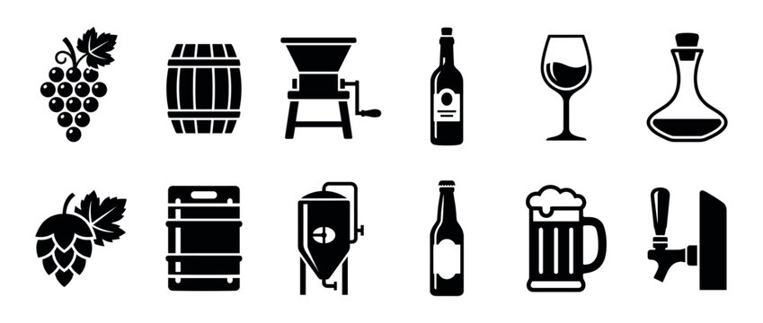 Collection of black silhouette icons representing winemaking and beer brewing with grapes, hops, barrels, bottles, and glasses in a minimalist flat vector graphic style