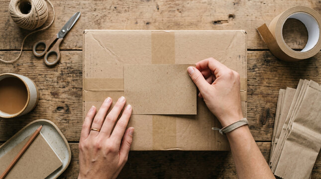Hands placing blank card on cardboard parcel box, top view
