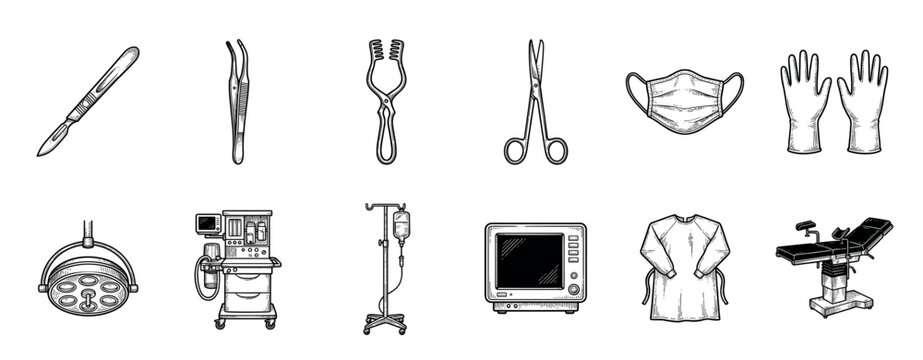 Set of medical surgical equipment illustrations including a scalpel, scissors, operating table, and anesthesia machine drawn in a detailed black and white vintage engraving style