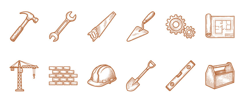 Collection of construction and building tools icons in a vintage hand-drawn sketch style including a hammer, saw, wrench, and hard hat