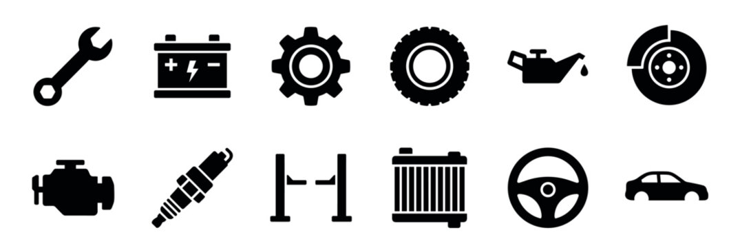Collection of black car service icons including a wrench, battery, gear, tire, oil can, brake, engine, spark plug, lift, radiator, steering wheel, and automobile for repair concepts