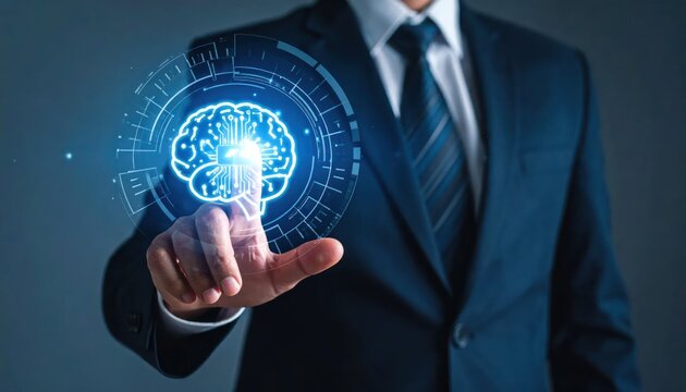 Businessman in suit interacts with glowing digital brain. Futuristic technology concept