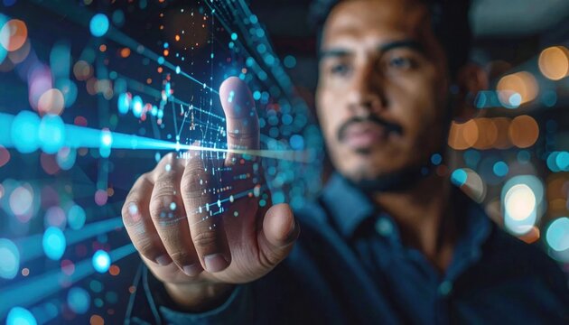Man interacting with glowing digital data streams, fingertips touching a futuristic network
