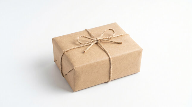Gift box wrapped in brown paper with twine bow isolated on white background