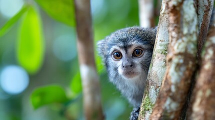 Naklejka premium Monkey Peeking From Behind Tree Branches in Lush Green Environment