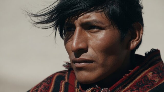 Indigenous peruvian man wearing traditional clothing, wind blowing dark hair, showing cultural identity and resilience